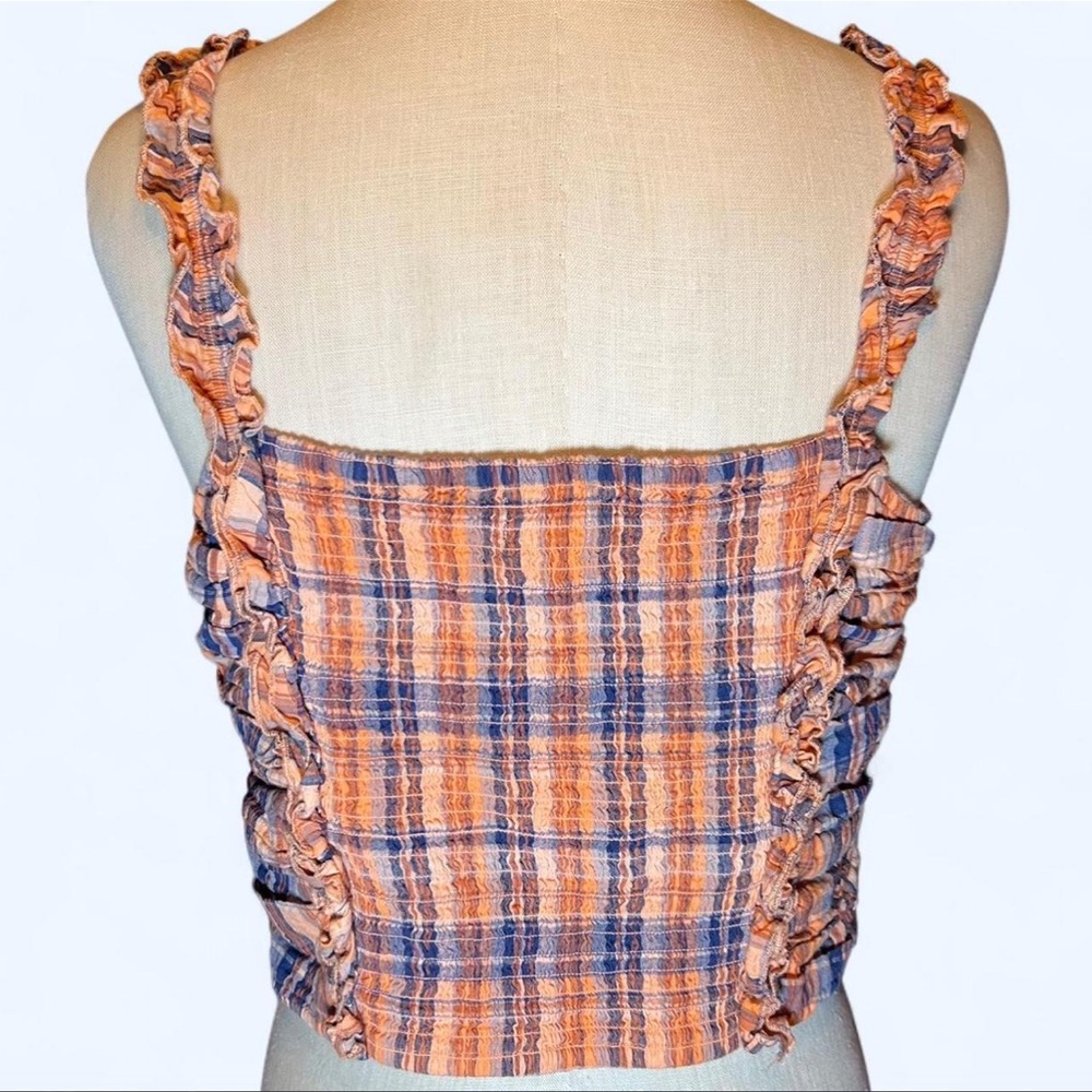 🧡Anthropologie Verb Orange & Blue Plaid Ruffle Sleeveless Crop Top 💙 - Picture 4 of 7